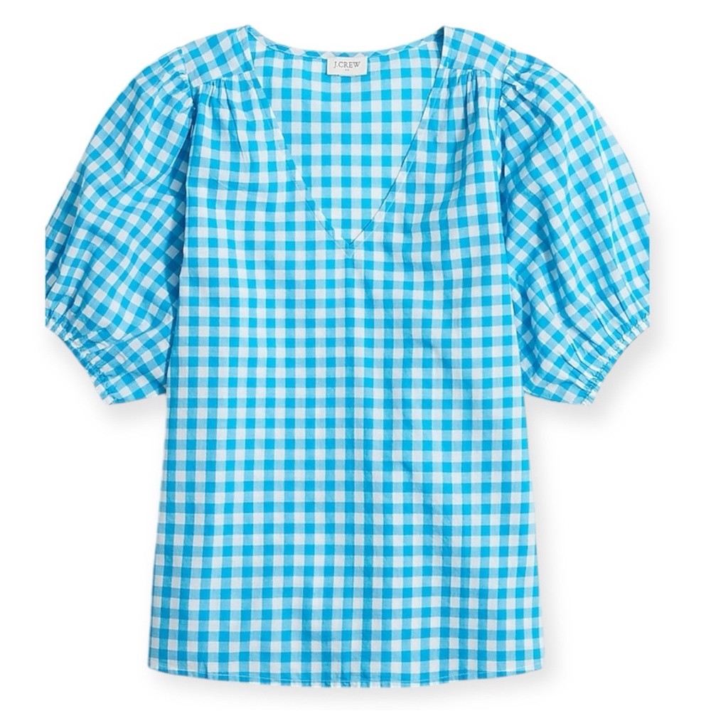 J Crew Blue White Puff Sleeve Gingham Top Size Small S